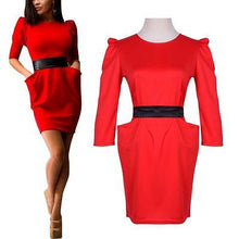 women formal dress half sleeve empire casual tourism slim pockets mini blue red dresses with belt J4U66