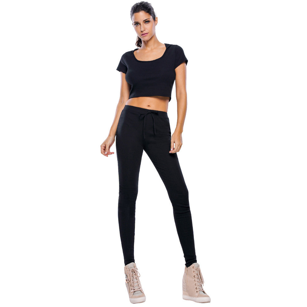 women two piece set top and pants hoodies o neck short sleeve crop top set slim clothes suit set crop top and trousers set J4U66