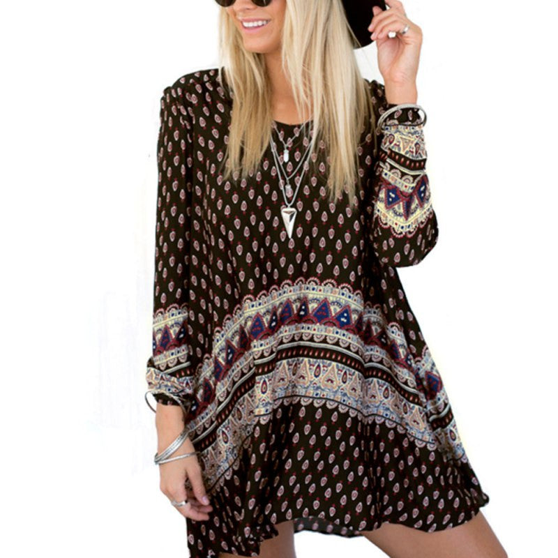 Women Vintage Retro Bohemian Style Boho Beach Long Sleeve Mini Dress H78 J4U66