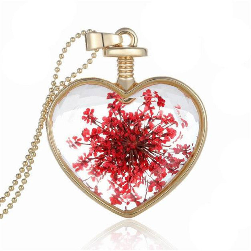 Womenornaments Jewelry Sweet Girls Women Dry Flower Heart Love Glass Wishing Bottle Pendant Necklace Gift  J4U66
