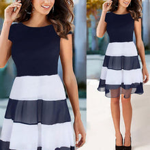 Women's Striped Chiffon Cocktail Party Skater Casual Work Pleated Dress J4U66