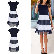 Women's Striped Chiffon Cocktail Party Skater Casual Work Pleated Dress J4U66