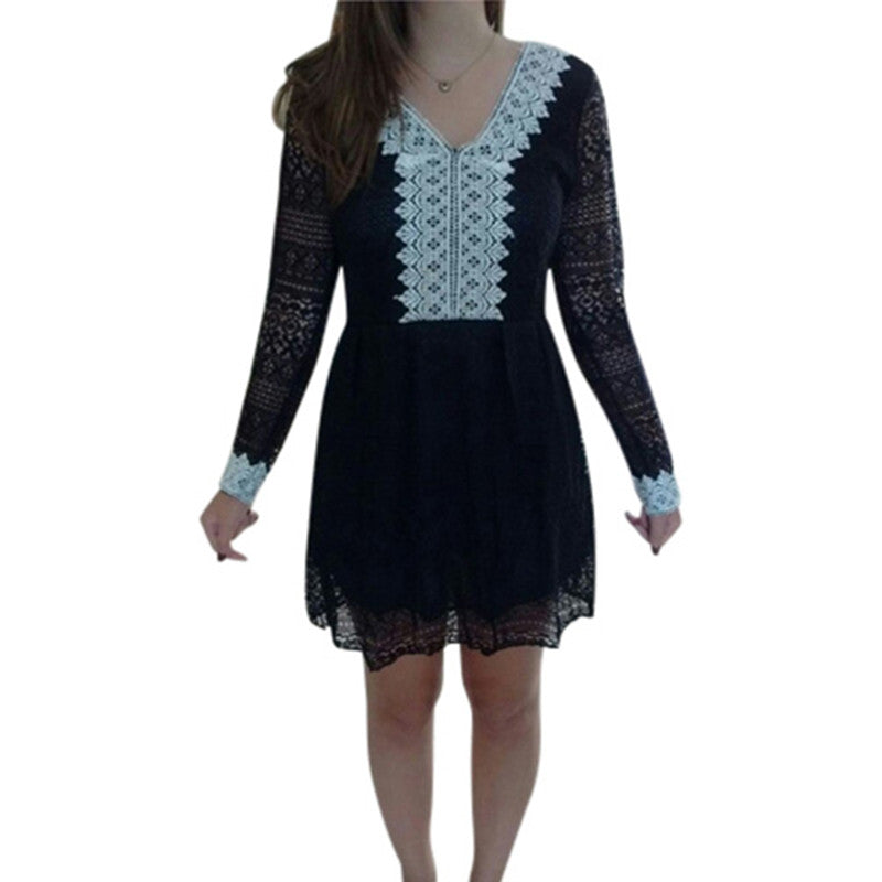 Women's V Neck Lace Long Sleeve Casual Party Cocktail Mini Dress S-XXL J4U66