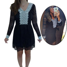 Women's V Neck Lace Long Sleeve Casual Party Cocktail Mini Dress S-XXL J4U66