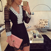 Women's V Neck Lace Long Sleeve Casual Party Cocktail Mini Dress S-XXL J4U66
