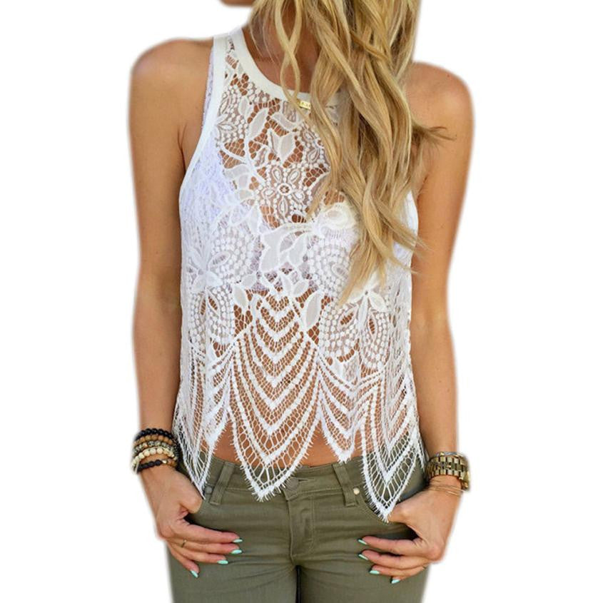 Womens Lace Crop Top Sexy T-shirts Vests Blusas Hollow Out Lace Crochet Tank Top Camisole Lace VCami Floral Tees Shirts J4U66