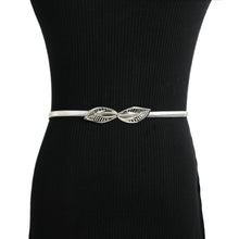 womens metal waist belt chain for dress leaf pattern hollow out elastic slim elegant belt band gold sliverceinture femme J4U66