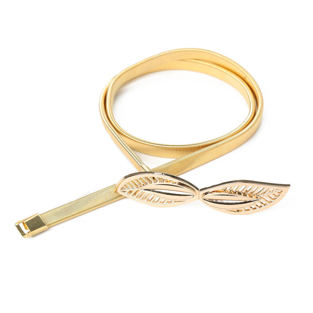 womens metal waist belt chain for dress leaf pattern hollow out elastic slim elegant belt band gold sliverceinture femme J4U66