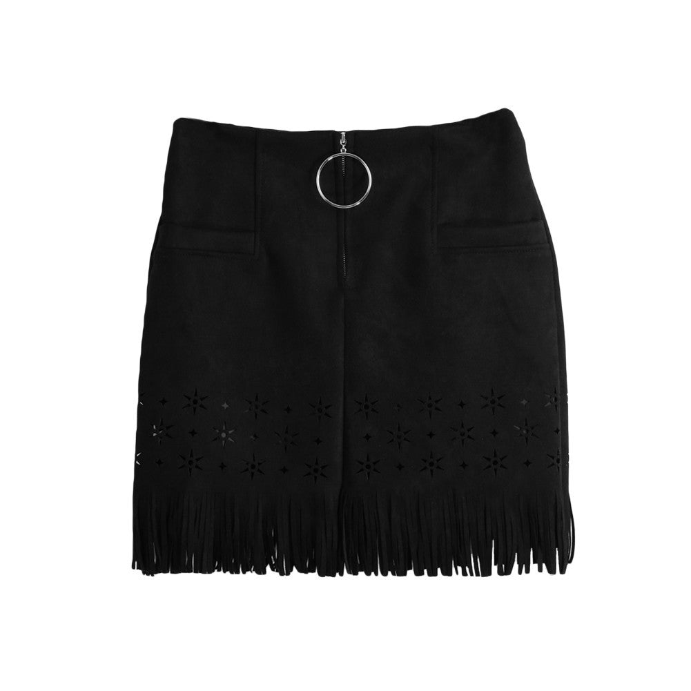womens retro korean sexy suede pu leather skirt tassel hollow out gonna steampunk skirt zipper elegant mini skirt J4U66