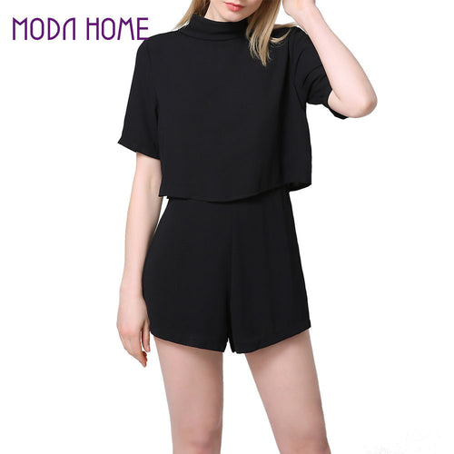 elegant women jumpsuit cut out back turtleneck short sleeve rompers overalls for women solid casual loose playsuit J4U66