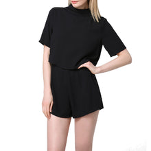 elegant women jumpsuit cut out back turtleneck short sleeve rompers overalls for women solid casual loose playsuit J4U66