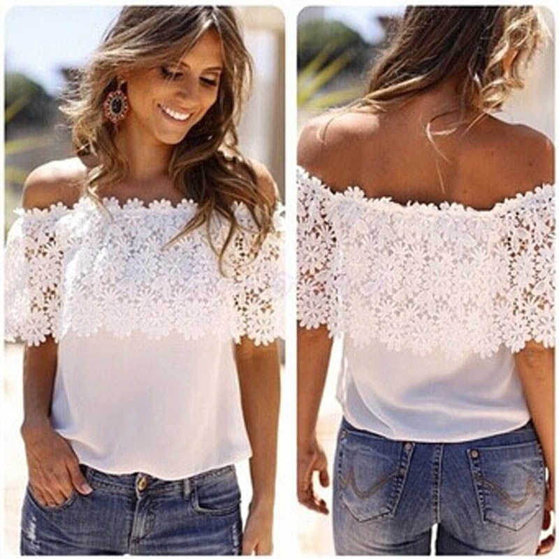 Sexy Women Off Shoulder Casual Tops Blouse Lace Crochet Chiffon Shirtwoman clothes plus size vestidos J4U66