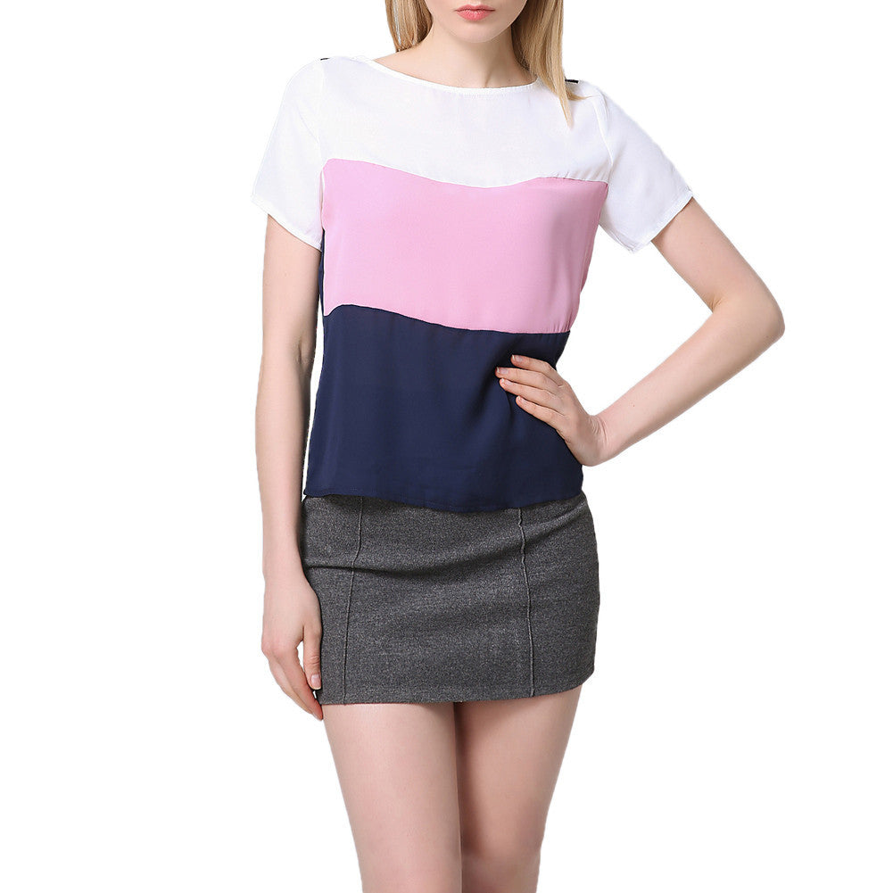 tee shirt femme chiffon t-shirts splice round neck short sleeve casual elegant women tops tee shirt plus size blusas J4U66