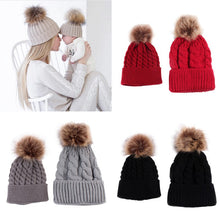 2pcss Baby & Mother Knitted Cotton Hat Family Boy Girl Toddler Adult Cute Crochet Beanies Fur Ball Kids Hats for Caps J4U66