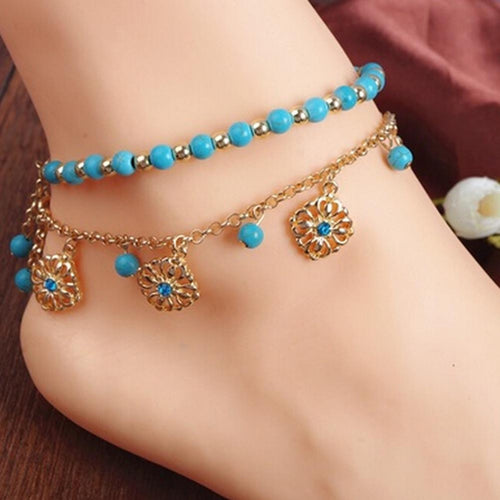 2Pcs Punk Boho Turquoise Beads Anklets Gold Plated Tassels Bracelet Womens Foot Chain Anklet Bracelet Foot Jewelry for women J4U66