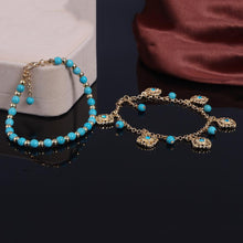 2Pcs Punk Boho Turquoise Beads Anklets Gold Plated Tassels Bracelet Womens Foot Chain Anklet Bracelet Foot Jewelry for women J4U66