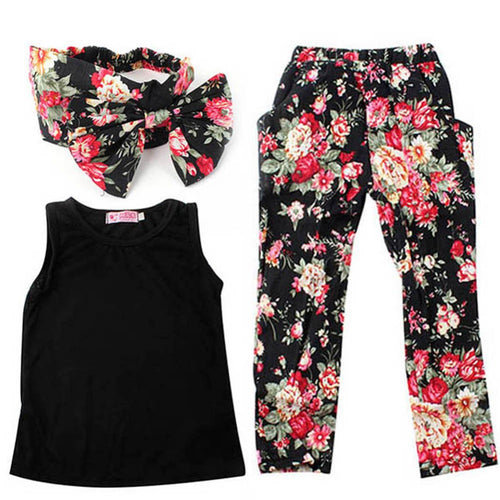 3 Pieces Girls Baby Clothing Sets Sleeveless Shirt / Tops + Floral Pants + Headband Vogue Clothes 2-7Years J4U66