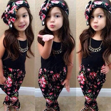 3 pieces girls baby clothing sets sleeveless shirt tops floral pants headband vogue clothes 2~7 years J4U66