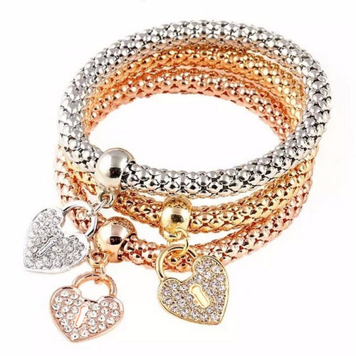 3Pcs Gold Filled Heart Charm Elastic Bracelets For Womens Bracelet Cute Multilayer Bangles J4U66