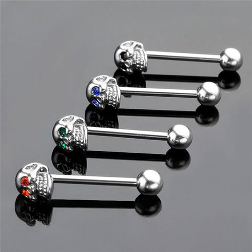 4Pcs 316L Stainless Steel CZ Gem Punk Skull Tongue Ring Barbell Piercing Body Jewelry J4U66