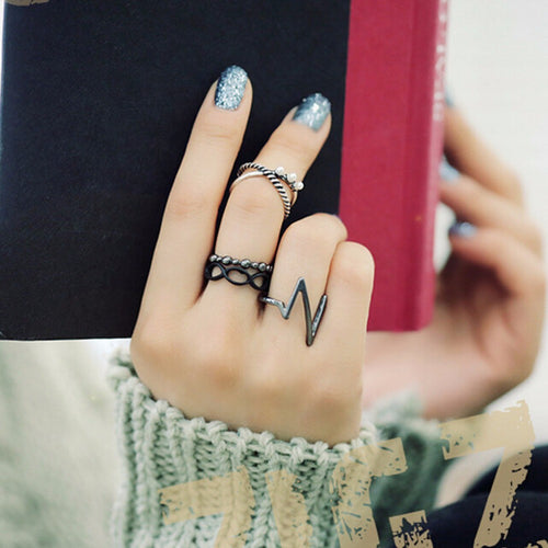 4pc Punk Women Black Silver Above Band Midi Knuckle Ring Women jewelry J4U66