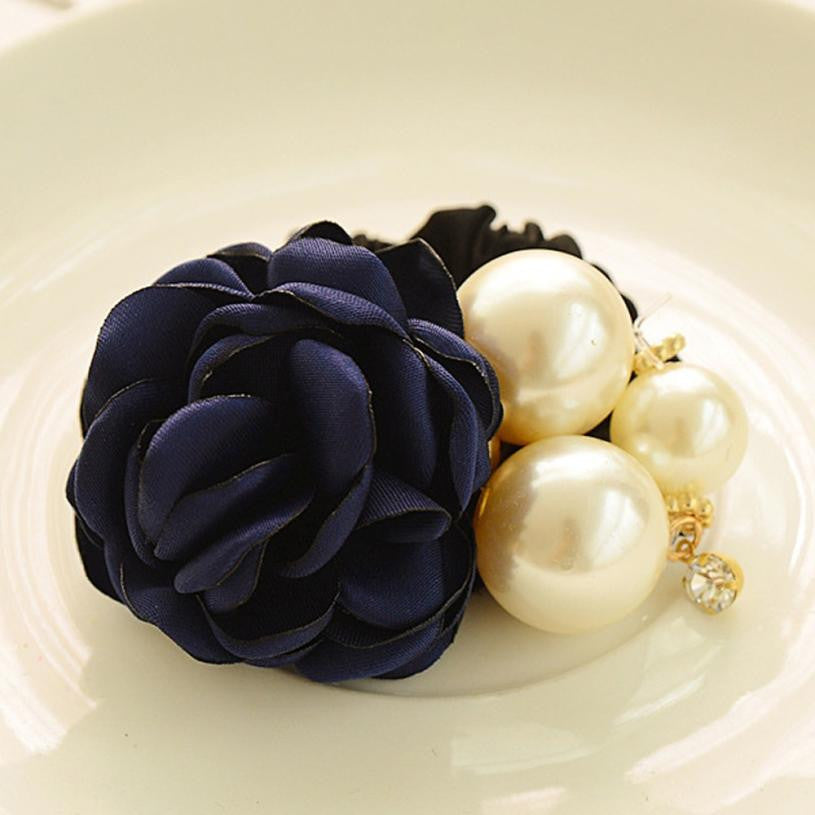 6 Color Elastic Hair Bands Women Satin Ribbon Rose Flower Pearls Hairband Ponytail Holder Hair Band Valentine's Gifts J4U66