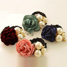 6 Color Elastic Hair Bands Women Satin Ribbon Rose Flower Pearls Hairband Ponytail Holder Hair Band Valentine's Gifts J4U66
