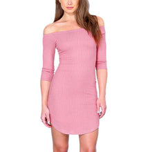 Fashion Half Sleeve Off Shoulder Slash Neck Sexy Club Dress Women Slim Bodycon Knitted Party Night Pink Dresses J4U66