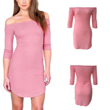Fashion Half Sleeve Off Shoulder Slash Neck Sexy Club Dress Women Slim Bodycon Knitted Party Night Pink Dresses J4U66
