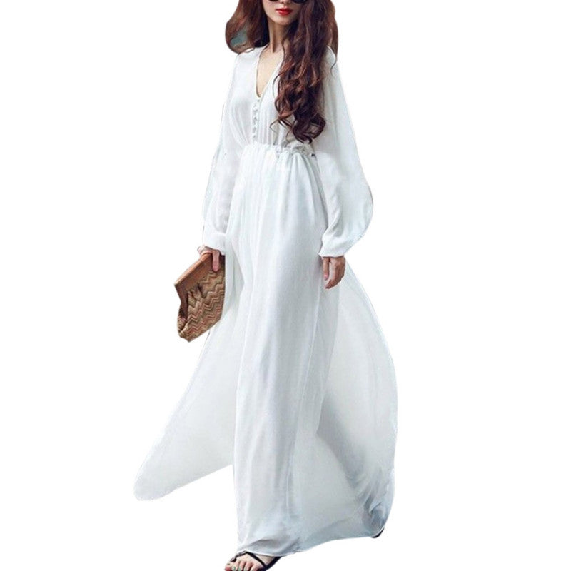 Women White Boho Evening Party Long Maxi Beach Dress Chiffon Sundress J4U66