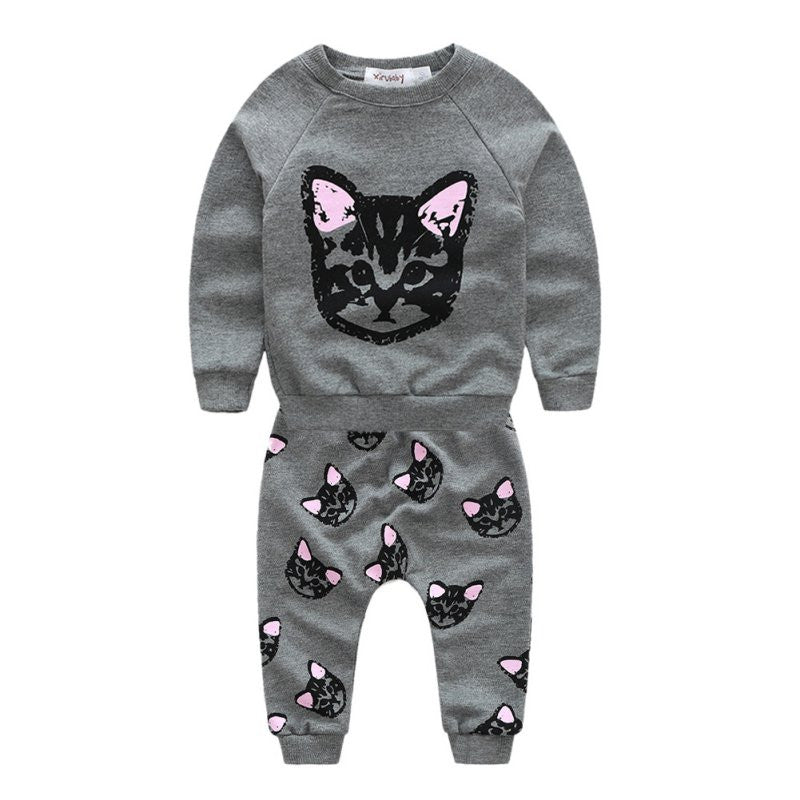 Kids Girls Boys Clothes Sets Cat Print Cartoon Cute Long Sleeve Cotton 2pcs Set Children's Casual Baby Suit Clothing J4U66