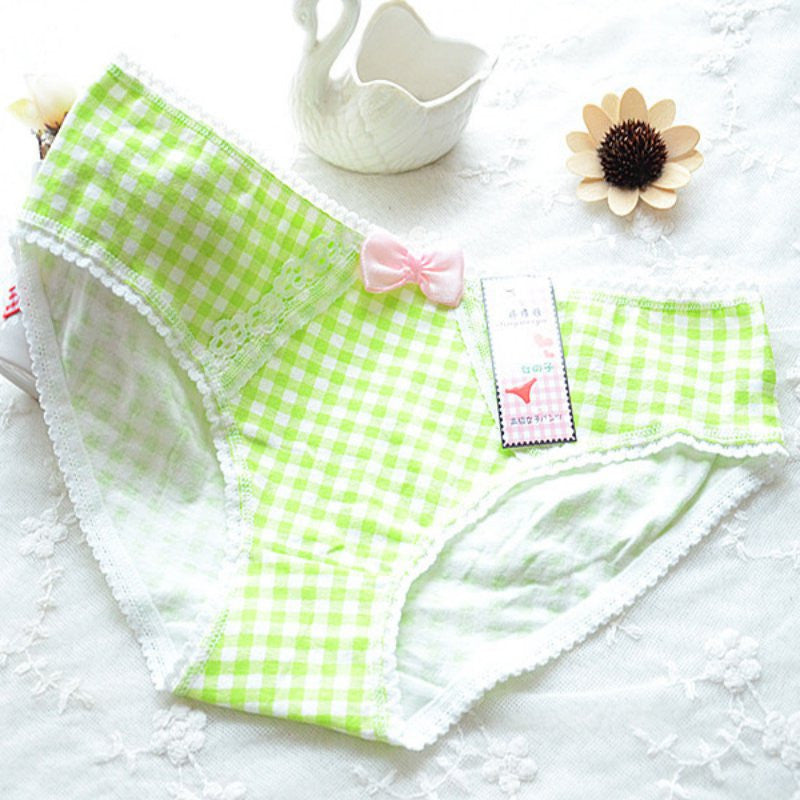 ladies plaid printing cotton underwear women cute bow sexy lace womens panties J4U66