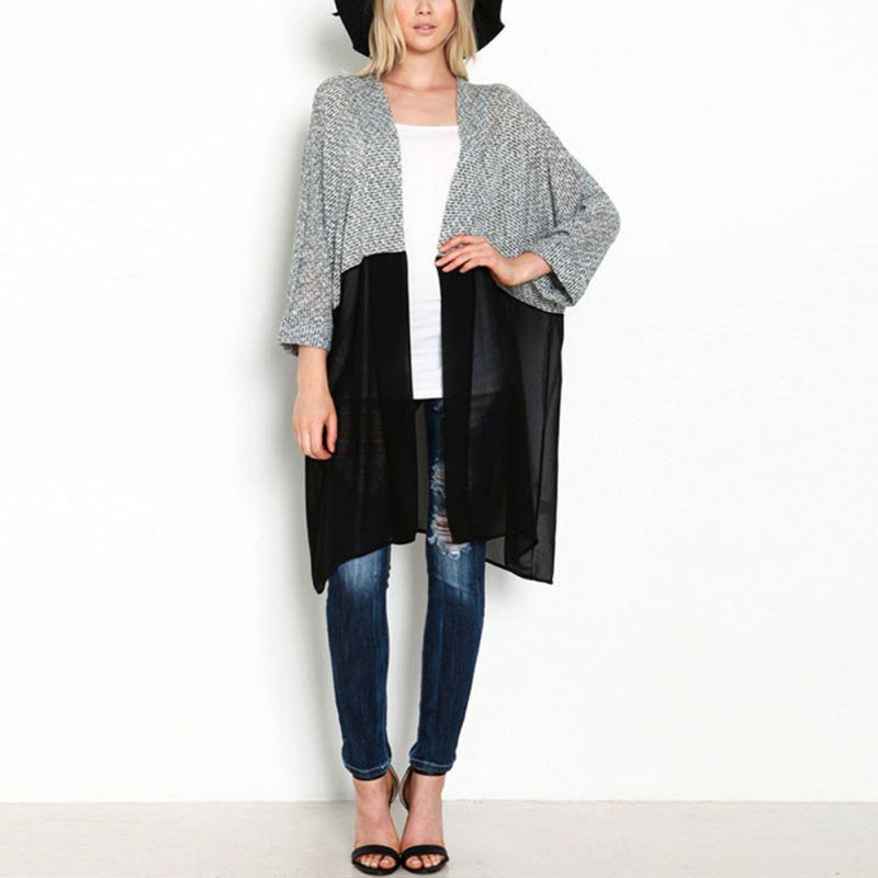 women bat sleeved long casual coat cardigan knitted patchwork shirt J4U66