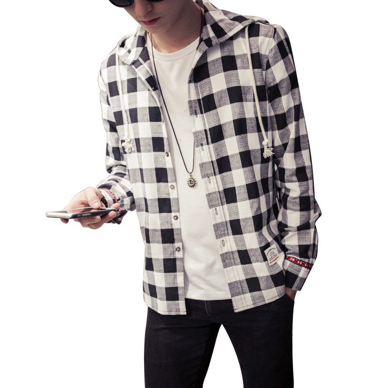 Men Boy Shirts Long Sleeve Cotton Plus Size Hooded Plaid Linen Blouse M-5XL Y3 J4U66