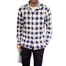 Men Boy Shirts Long Sleeve Cotton Plus Size Hooded Plaid Linen Blouse M-5XL Y3 J4U66