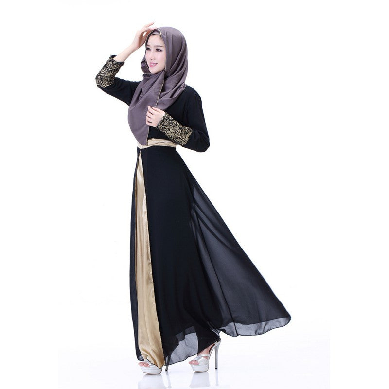 Muslim Cuff Lace Embroidered Long Dress Abaya Islamic Chiffon Maxi Dress J4U66