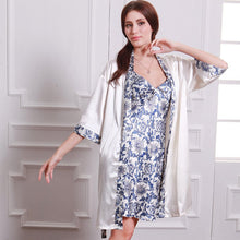 womens silk like sleepwear robe creative blue and white dress porcelains ropa dormir pajamas robe set J4U66