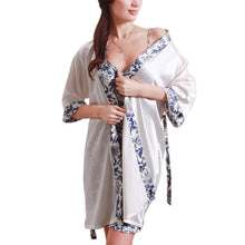 Women's Silk-like Sleepwear Robe Creative Blue-and-White Dress Porcelains Ropa Dormir Pajamas Robe Set Y04 J4U66