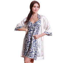 womens silk like sleepwear robe creative blue and white dress porcelains ropa dormir pajamas robe set J4U66