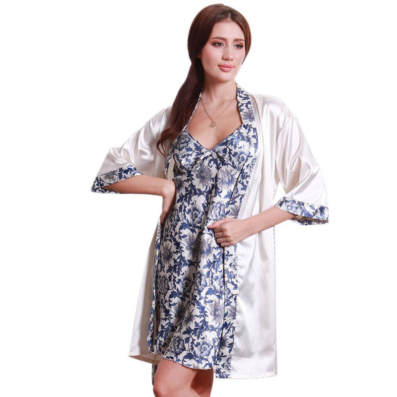 womens silk like sleepwear robe creative blue and white dress porcelains ropa dormir pajamas robe set J4U66