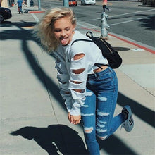 New Womens Long Sleeve Casual Ripped Crop Top Hoodie Sweatshirt ShortJumper Pullover Tops Y09 J4U66