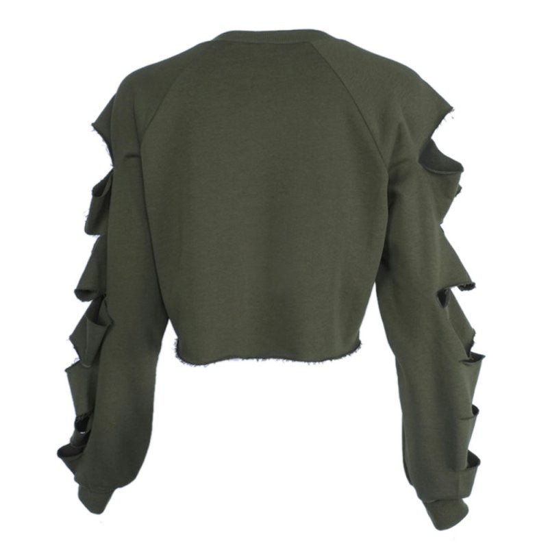 New Womens Long Sleeve Casual Ripped Crop Top Hoodie Sweatshirt ShortJumper Pullover Tops Y09 J4U66