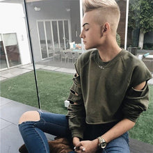 New Womens Long Sleeve Casual Ripped Crop Top Hoodie Sweatshirt ShortJumper Pullover Tops Y09 J4U66