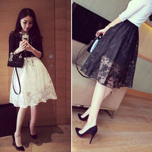 Elegant Ladies Lace Flower Print Skirt Double Layer Skirts Elastic Waist Skirt J4U66
