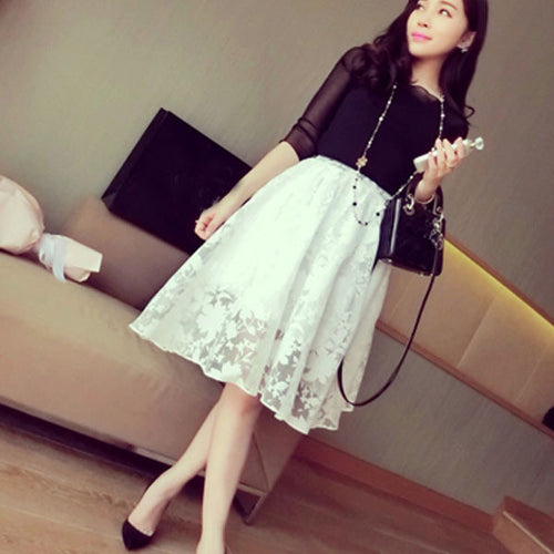 elegant ladies lace flower print skirt women double layer skirts elastic waist skirt J4U66