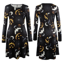 Elegant Bat And Moon Polyester Print Dress With Full Sleeve And O-neck For Halloween J4U66