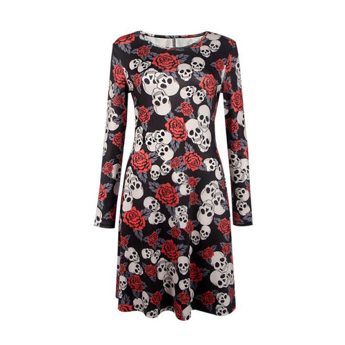 Elegant Bat And Moon Polyester Print Dress With Full Sleeve And O-neck For Halloween J4U66