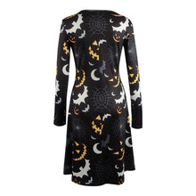 elegant women bat and moon polyester print dress with full sleeve and o neck for halloween J4U66
