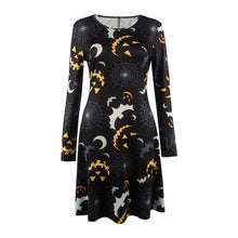 elegant women bat and moon polyester print dress with full sleeve and o neck for halloween J4U66