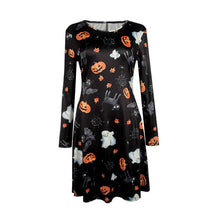 elegant women bat and moon polyester print dress with full sleeve and o neck for halloween J4U66